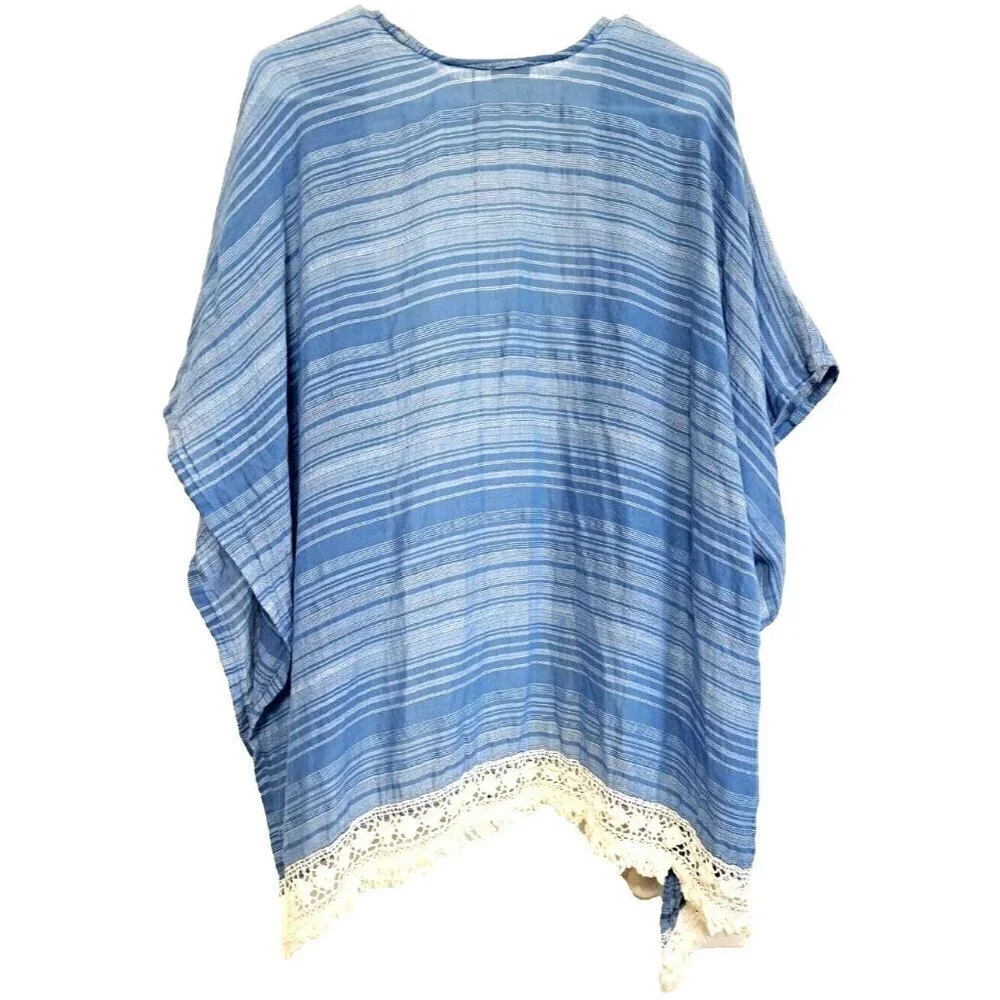 Hollister XS/S Women's Cotton Blue White Stripe Kimono Style Jacket Crochet Lace